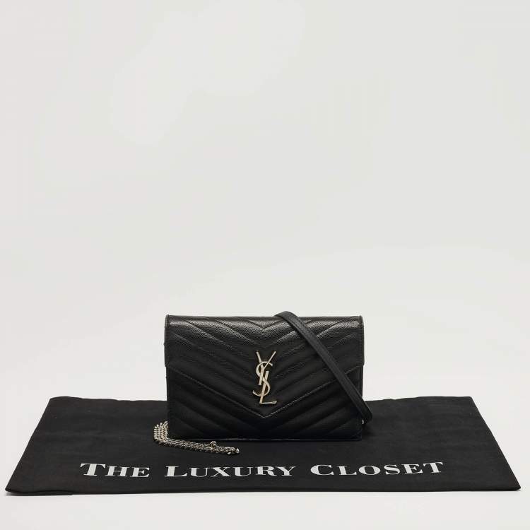 Pre Owned Saint Laurent Envelope Black Matelassé Leather Wallet on Chain