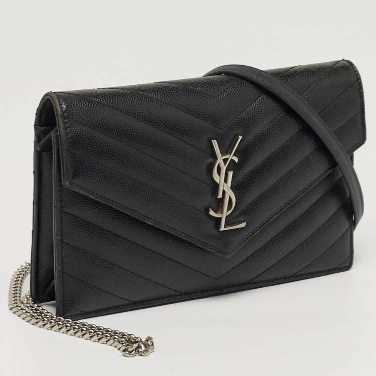 Pre Owned Saint Laurent Envelope Black Matelassé Leather Wallet on Chain