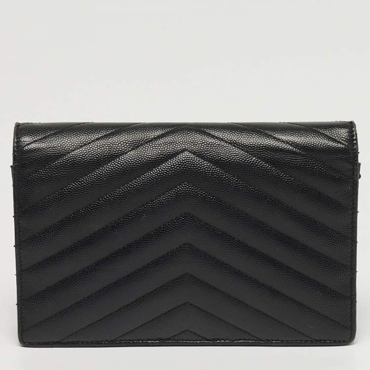 Pre Owned Saint Laurent Envelope Black Matelassé Leather Wallet on Chain