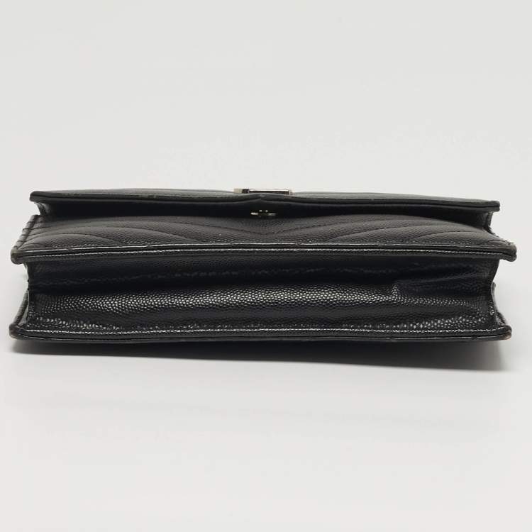 Pre Owned Saint Laurent Envelope Black Matelassé Leather Wallet on Chain