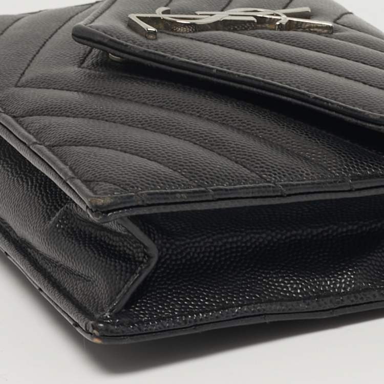 Pre Owned Saint Laurent Envelope Black Matelassé Leather Wallet on Chain