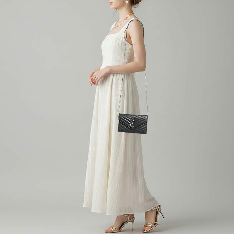 Pre Owned Saint Laurent Envelope Black Matelassé Leather Wallet on Chain