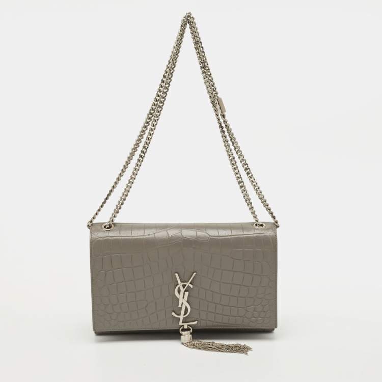 Pre Owned Saint Laurent Kate Tassel Medium Grey Croc Embossed Leather Shoulder Bag