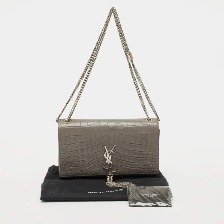 Pre Owned Saint Laurent Kate Tassel Medium Grey Croc Embossed Leather Shoulder Bag