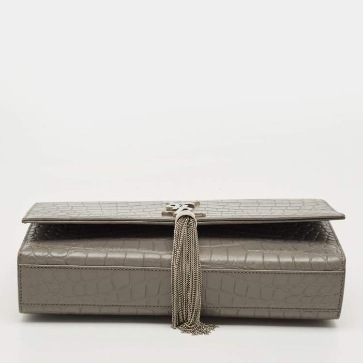 Pre Owned Saint Laurent Kate Tassel Medium Grey Croc Embossed Leather Shoulder Bag