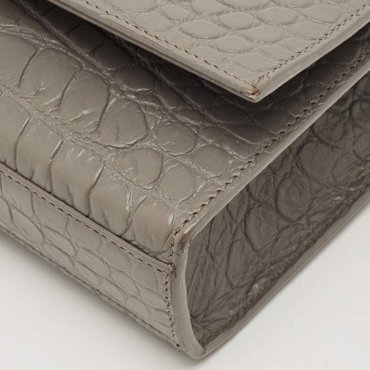 Pre Owned Saint Laurent Kate Tassel Medium Grey Croc Embossed Leather Shoulder Bag
