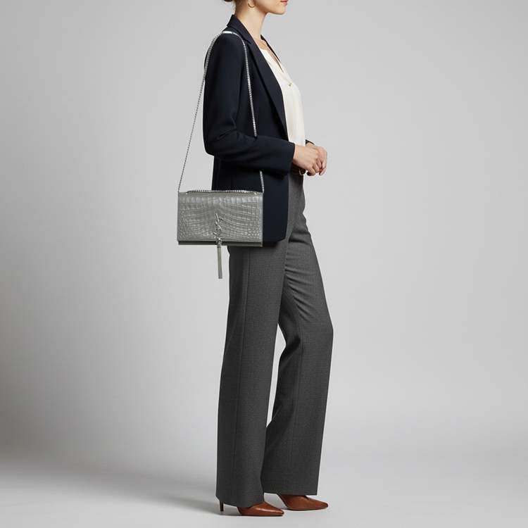 Pre Owned Saint Laurent Kate Tassel Medium Grey Croc Embossed Leather Shoulder Bag