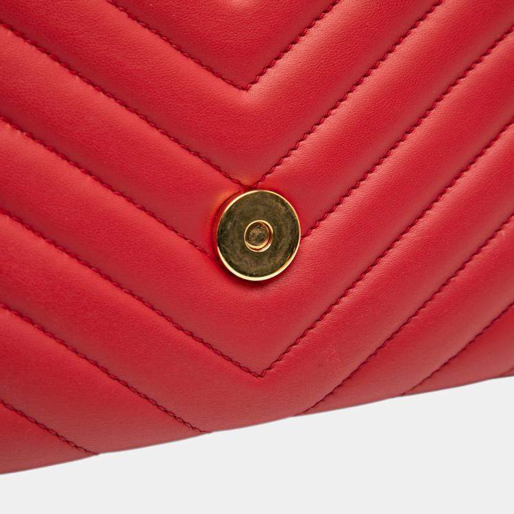 Pre Owned Saint Laurent Paris Red Small Chevron Calfskin Monogram Envelope Bag