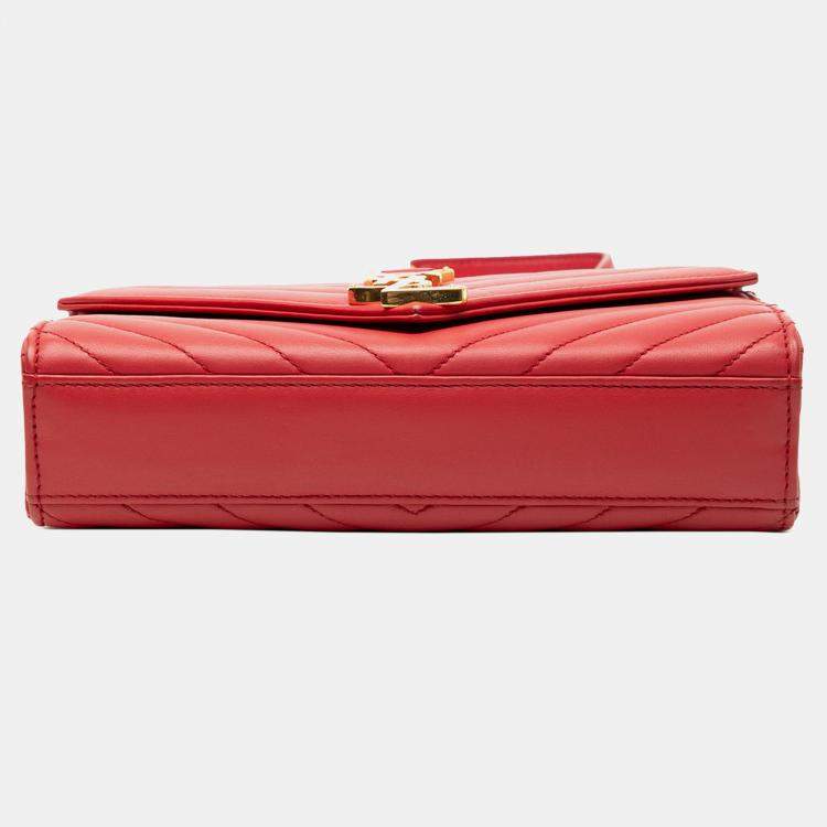 Pre Owned Saint Laurent Paris Red Small Chevron Calfskin Monogram Envelope Bag