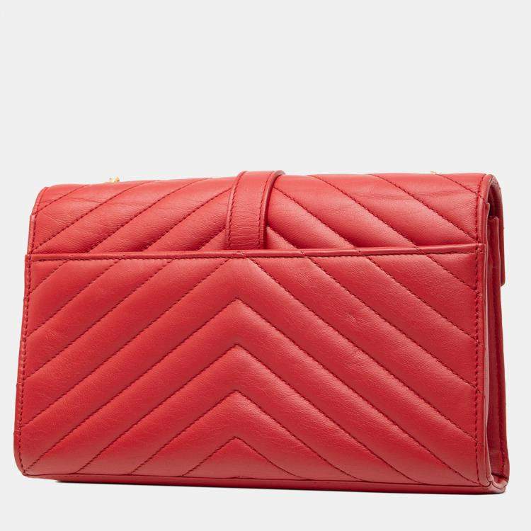 Pre Owned Saint Laurent Paris Red Small Chevron Calfskin Monogram Envelope Bag