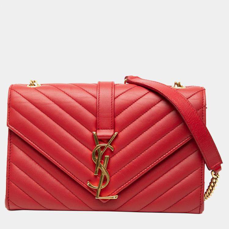 Pre Owned Saint Laurent Paris Red Small Chevron Calfskin Monogram Envelope Bag