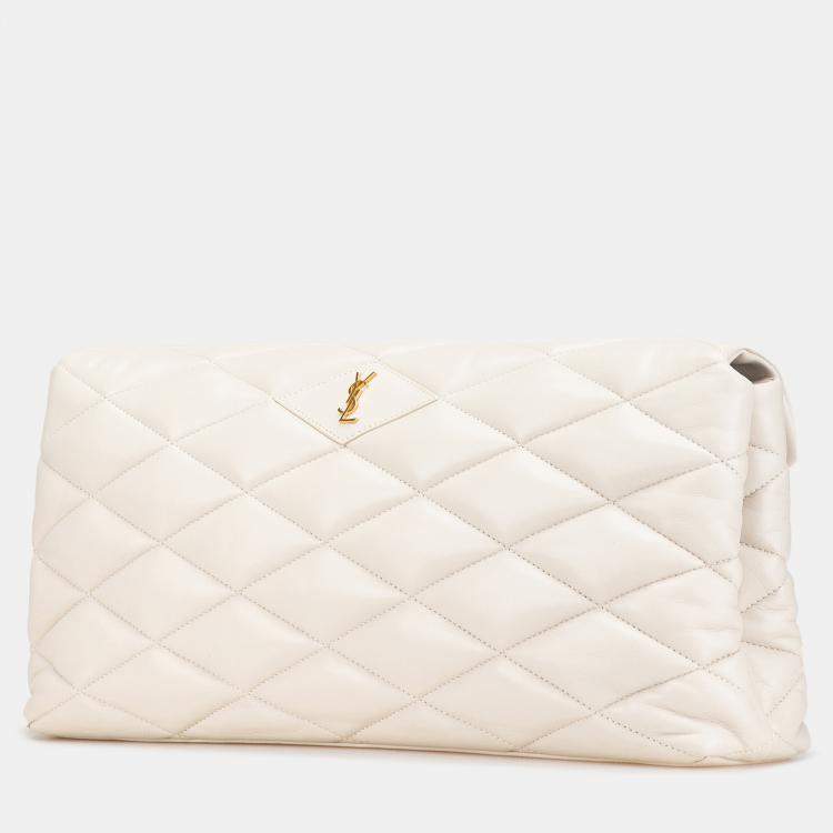 Pre Owned Saint Laurent Paris White Large Quilted Lambskin Sade Clutch