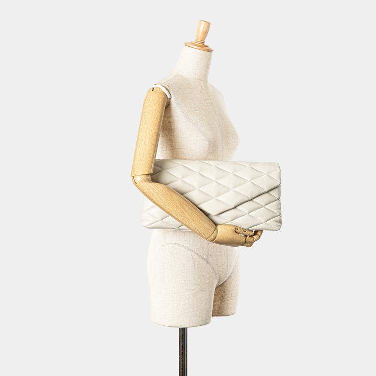 Pre Owned Saint Laurent Paris White Large Quilted Lambskin Sade Clutch