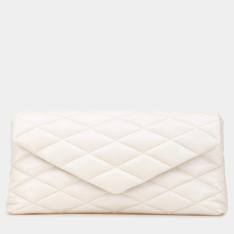 Pre Owned Saint Laurent Paris White Large Quilted Lambskin Sade Clutch