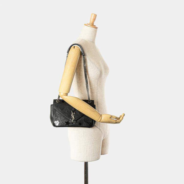 Pre Owned Saint Laurent Paris Black Medium Monogram Heart Patchwork Chain Wallet