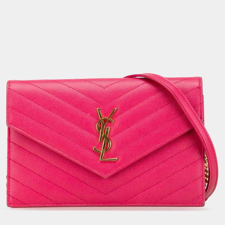 Pre Owned Saint Laurent Paris Pink Grain De Poudre Cassandre Envelope Chain Wallet