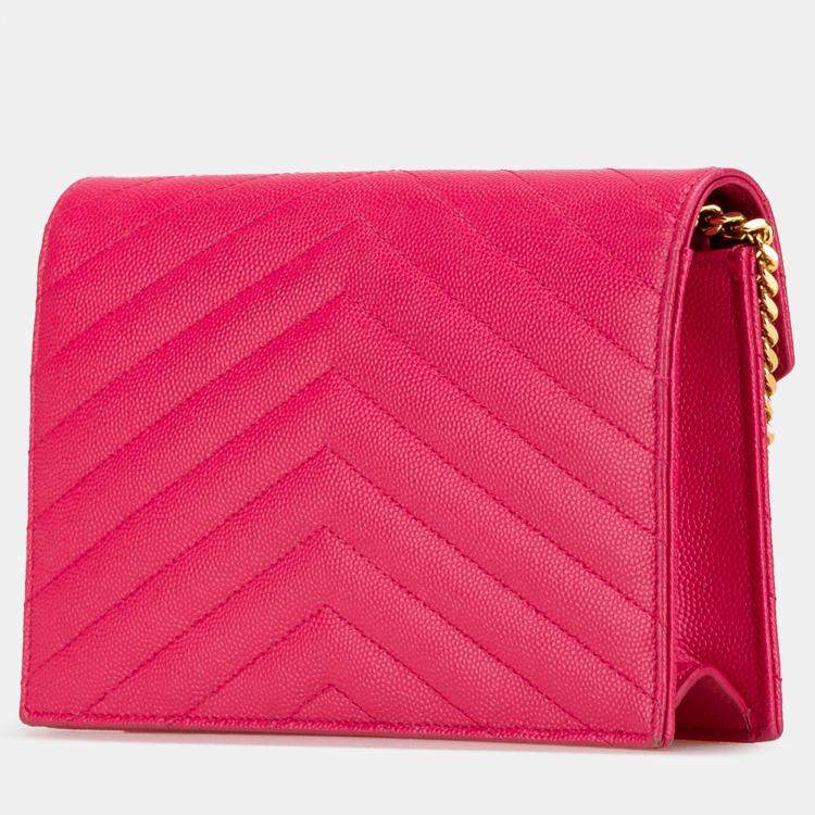 Pre Owned Saint Laurent Paris Pink Grain De Poudre Cassandre Envelope Chain Wallet
