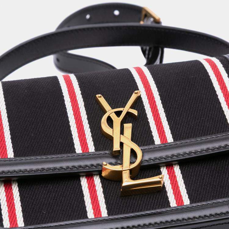 Pre Owned Saint Laurent Paris Black Small Canvas Striped Solferino Satchel In Box