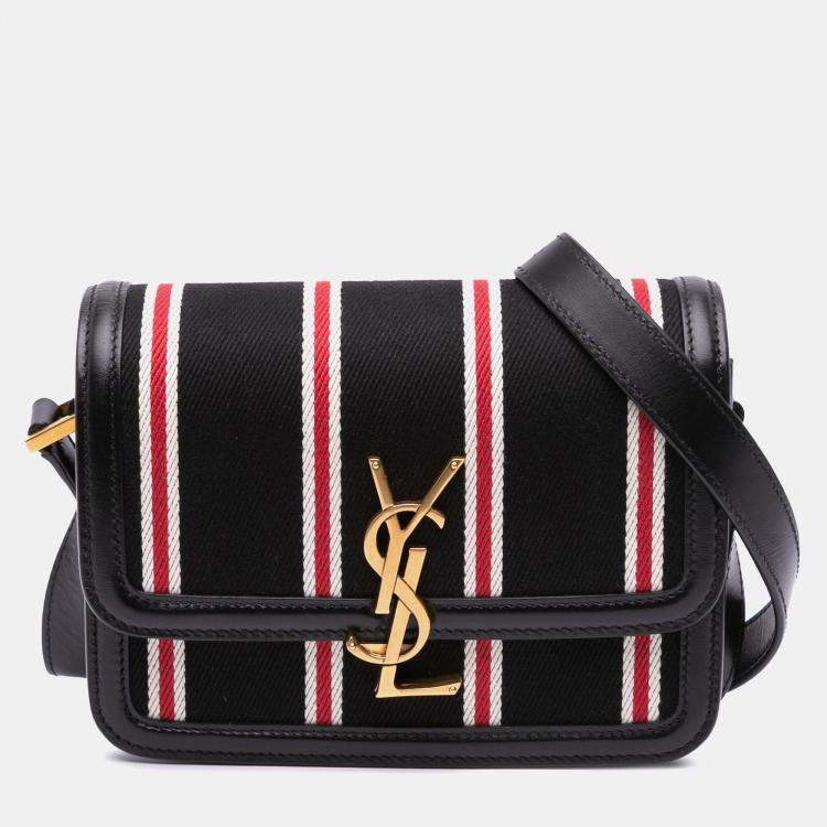 Pre Owned Saint Laurent Paris Black Small Canvas Striped Solferino Satchel In Box