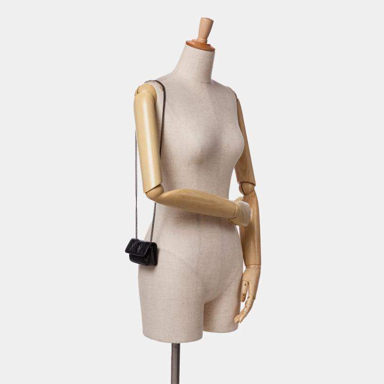 Pre Owned Saint Laurent Paris Black Micro Crinkled Leather Niki Airpods Case with Chain