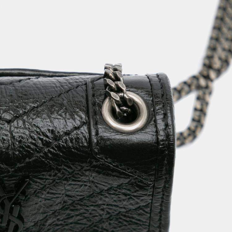 Pre Owned Saint Laurent Paris Black Micro Crinkled Leather Niki Airpods Case with Chain