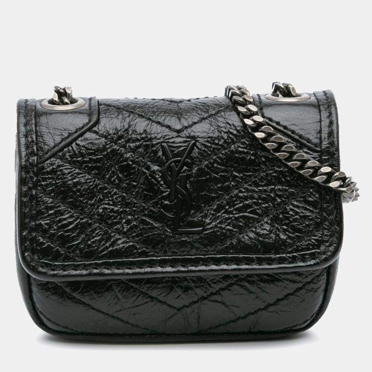 Pre Owned Saint Laurent Paris Black Micro Crinkled Leather Niki Airpods Case with Chain