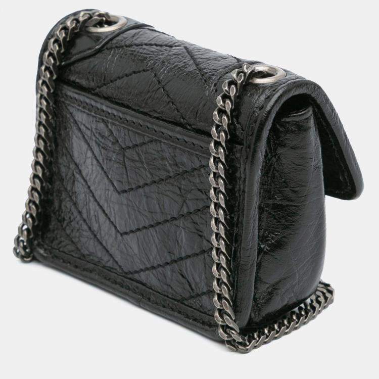 Pre Owned Saint Laurent Paris Black Micro Crinkled Leather Niki Airpods Case with Chain