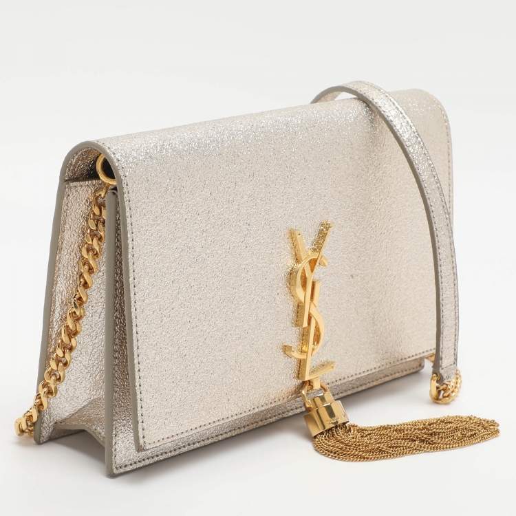 Pre Owned Saint Laurent Paris Kate Tassel Silver Glitter Wallet On Chain