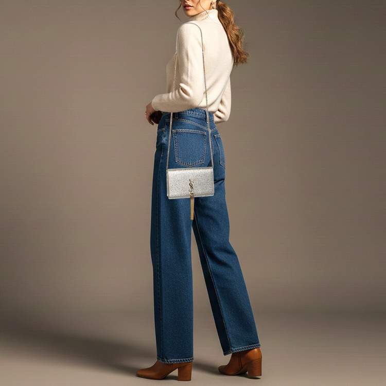 Pre Owned Saint Laurent Paris Kate Tassel Silver Glitter Wallet On Chain