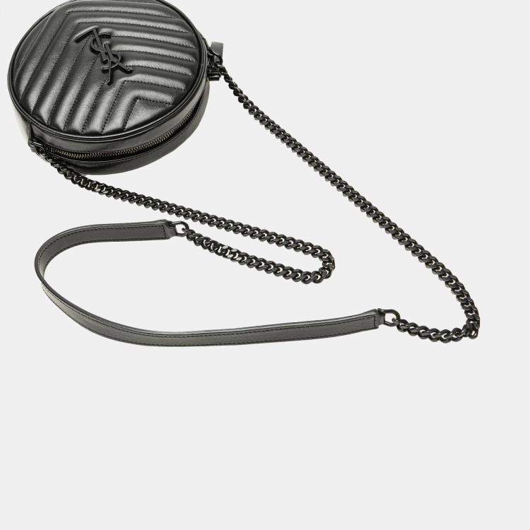 Pre Owned Saint Laurent Paris Black Chevron Calfskin Round Vinyle Camera Bag