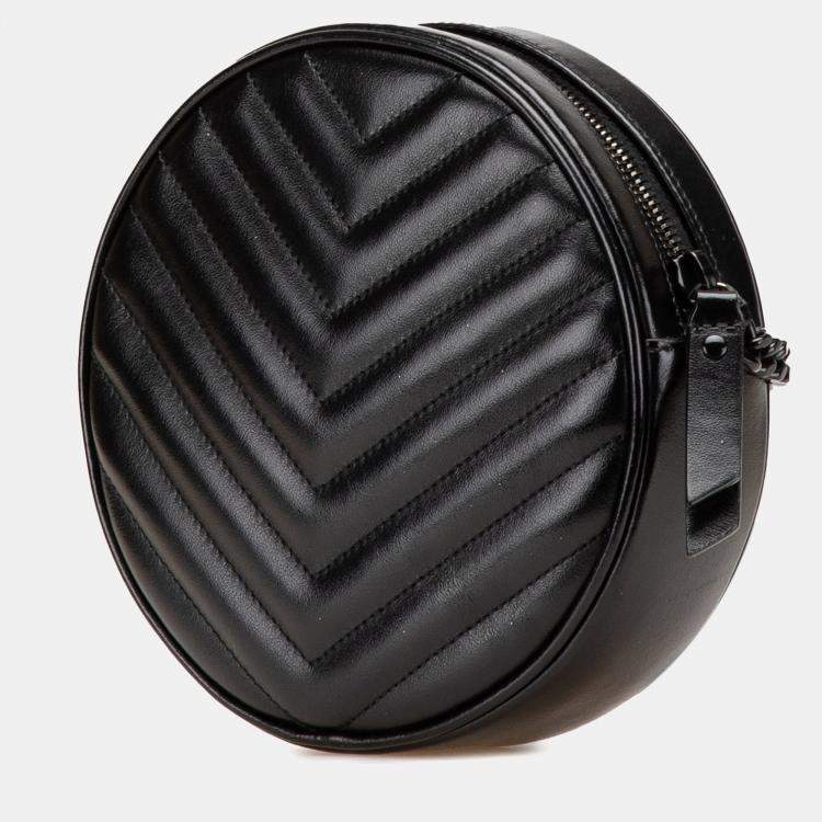 Pre Owned Saint Laurent Paris Black Chevron Calfskin Round Vinyle Camera Bag