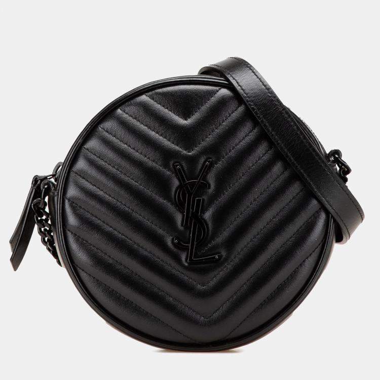 Pre Owned Saint Laurent Paris Black Chevron Calfskin Round Vinyle Camera Bag