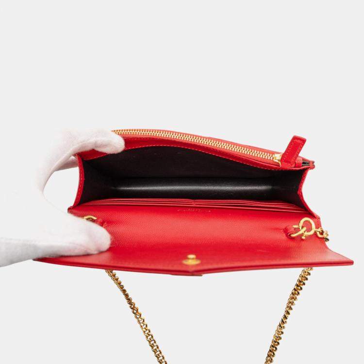 Pre Owned Saint Laurent Paris Red Grain De Poudre Matelasse Chevron Monogram Chain Wallet