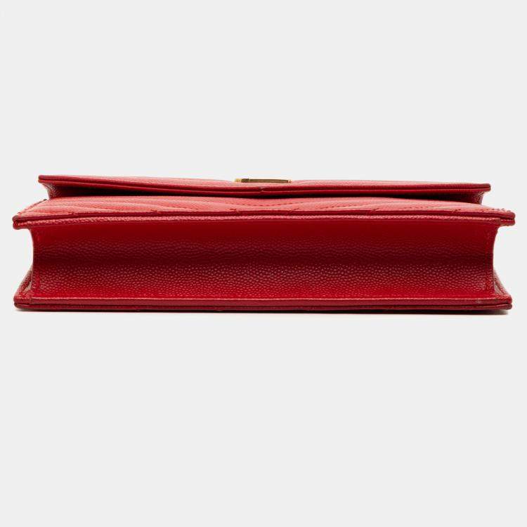 Pre Owned Saint Laurent Paris Red Grain De Poudre Matelasse Chevron Monogram Chain Wallet