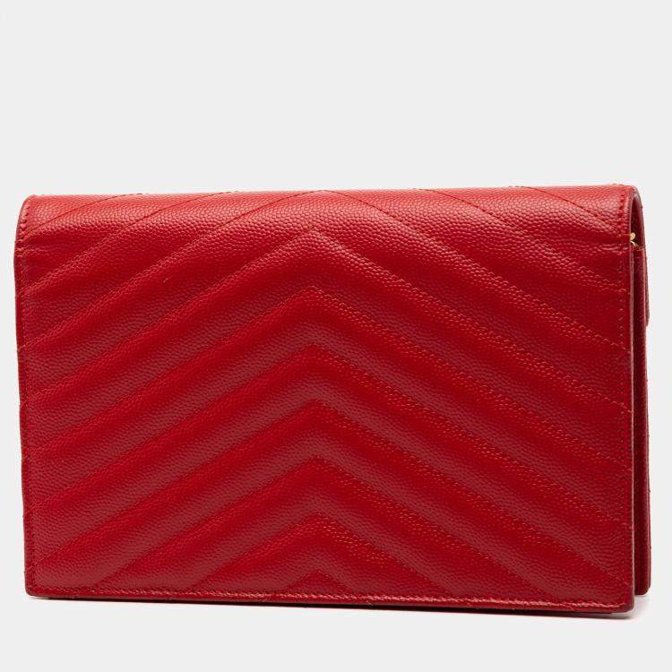 Pre Owned Saint Laurent Paris Red Grain De Poudre Matelasse Chevron Monogram Chain Wallet