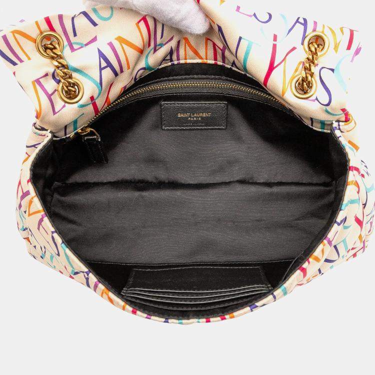 Pre Owned Saint Laurent Paris White Medium Silk Carre Rive Gauche Print Patchwork Jamie Shoulder Bag