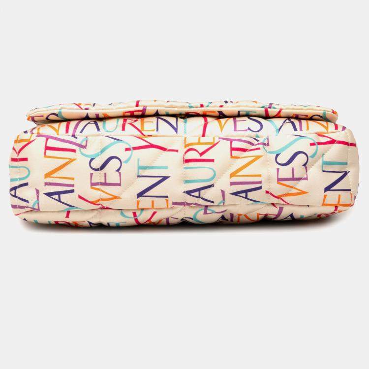 Pre Owned Saint Laurent Paris White Medium Silk Carre Rive Gauche Print Patchwork Jamie Shoulder Bag