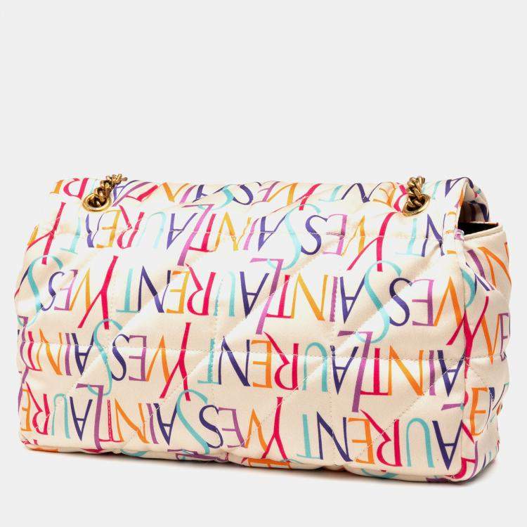 Pre Owned Saint Laurent Paris White Medium Silk Carre Rive Gauche Print Patchwork Jamie Shoulder Bag