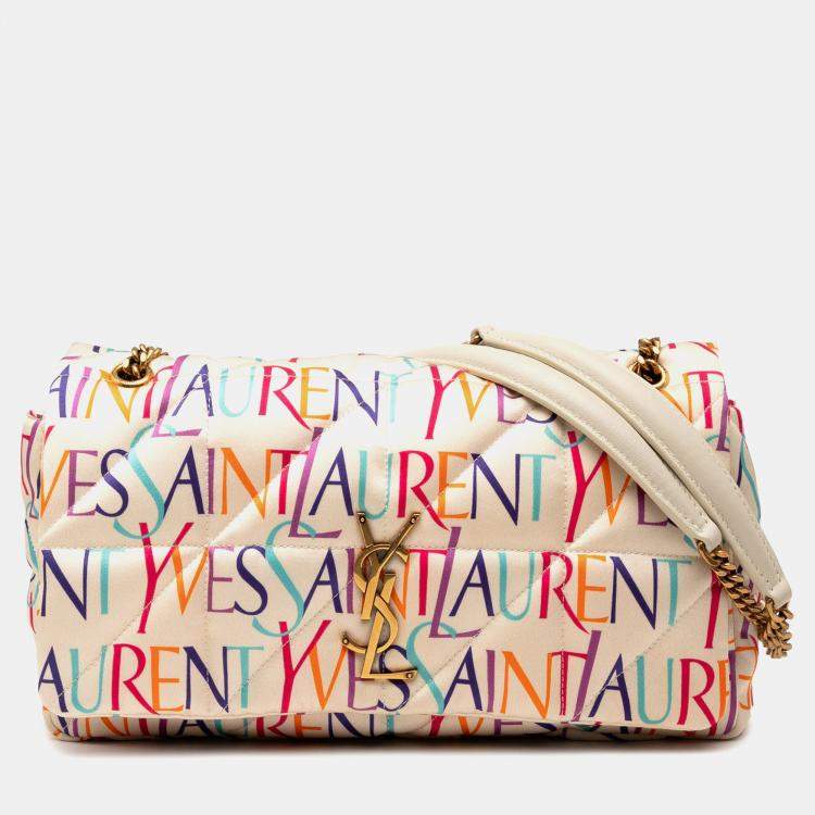 Pre Owned Saint Laurent Paris White Medium Silk Carre Rive Gauche Print Patchwork Jamie Shoulder Bag