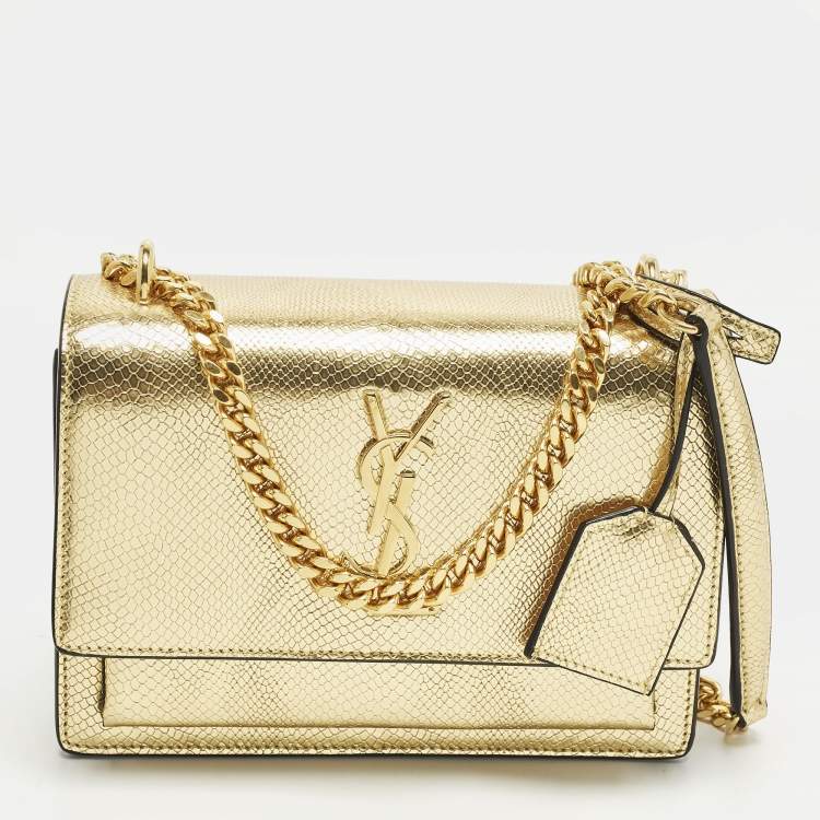 Pre Owned Saint Laurent Sunset Small Gold Lizard Embossed Leather Shoulder Bag