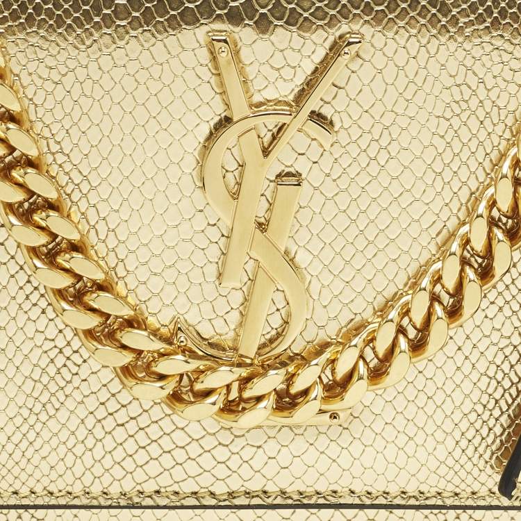 Pre Owned Saint Laurent Sunset Small Gold Lizard Embossed Leather Shoulder Bag