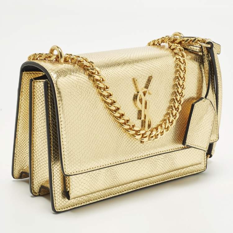 Pre Owned Saint Laurent Sunset Small Gold Lizard Embossed Leather Shoulder Bag