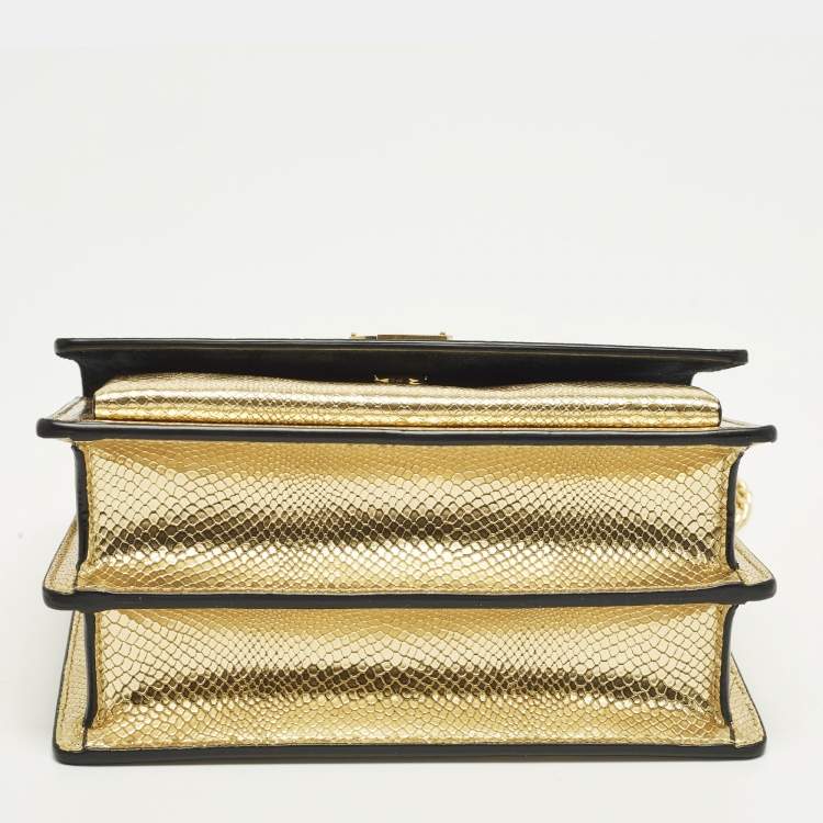 Pre Owned Saint Laurent Sunset Small Gold Lizard Embossed Leather Shoulder Bag