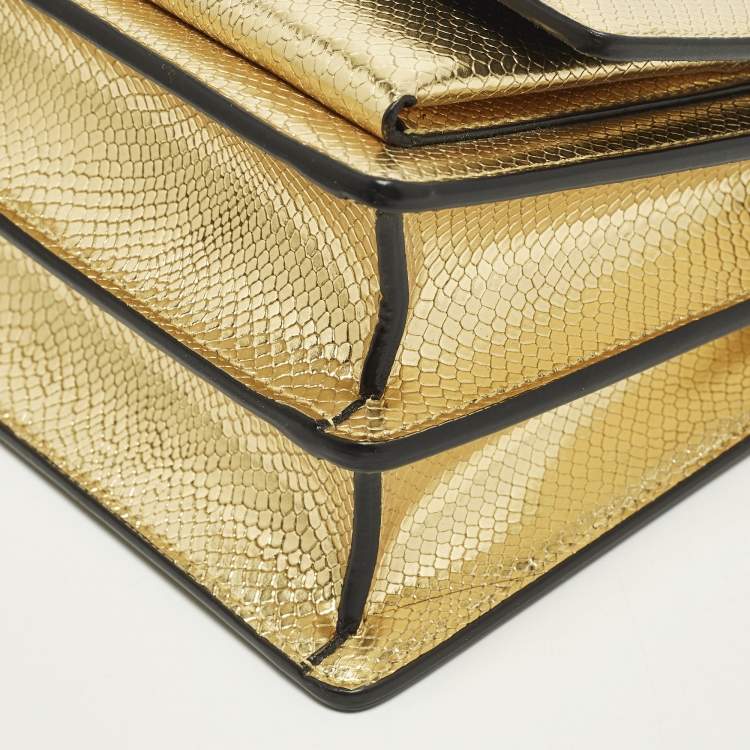 Pre Owned Saint Laurent Sunset Small Gold Lizard Embossed Leather Shoulder Bag