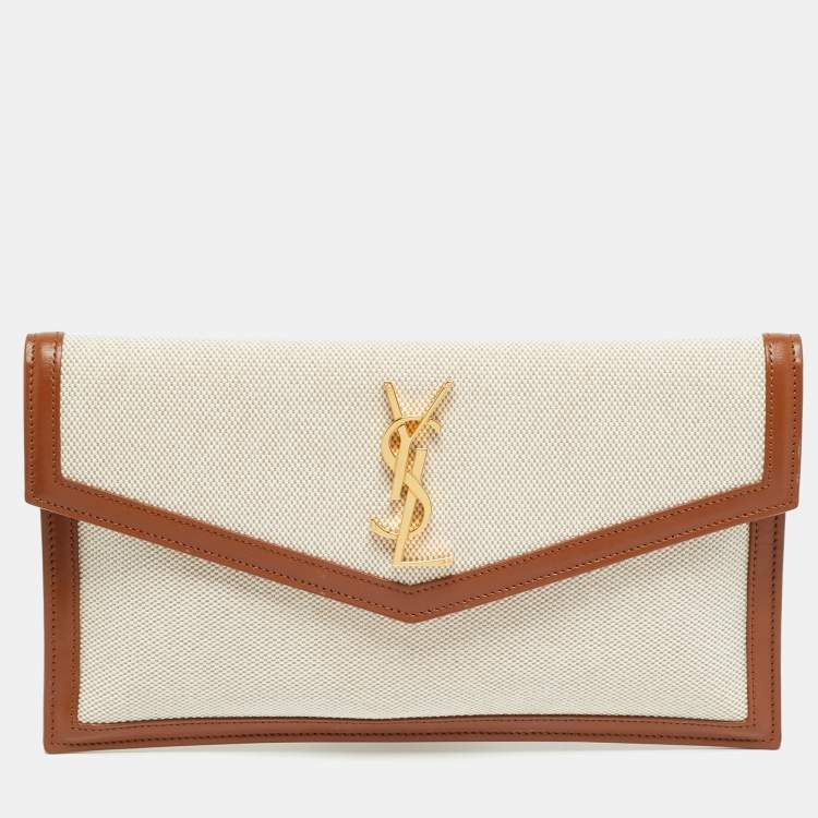 Pre Owned Saint Laurent Uptown Brown/Natural Canvas Pouch