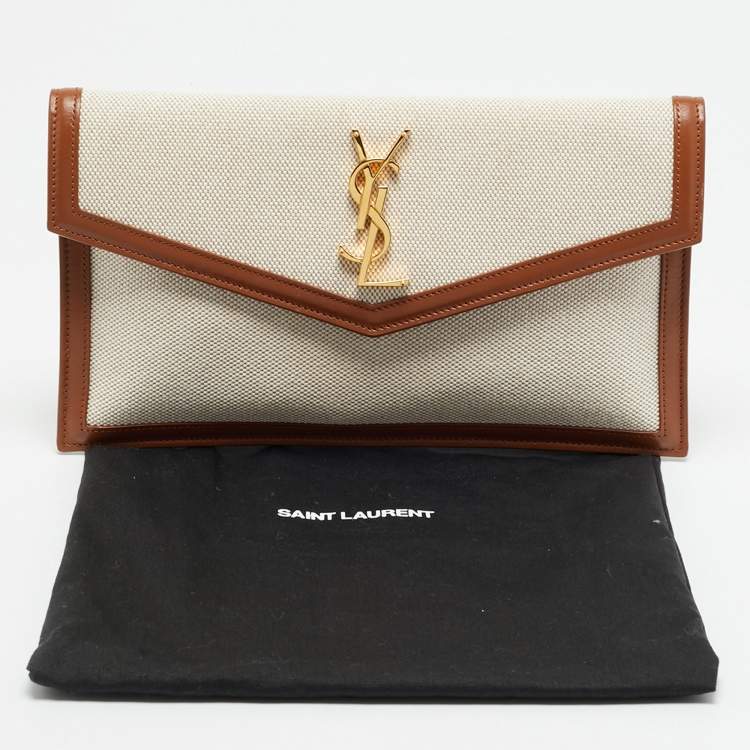 Pre Owned Saint Laurent Uptown Brown/Natural Canvas Pouch
