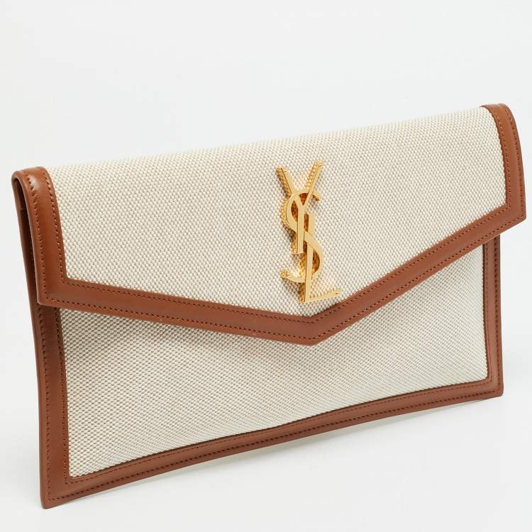 Pre Owned Saint Laurent Uptown Brown/Natural Canvas Pouch