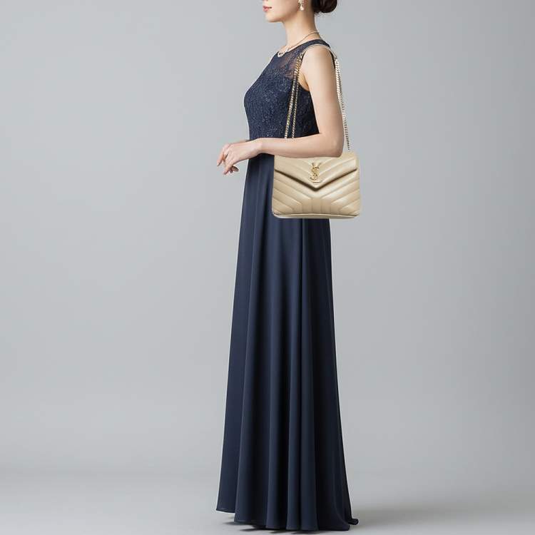 Pre Owned Saint Laurent Loulou Small Beige Matelassé Leather Shoulder Bag