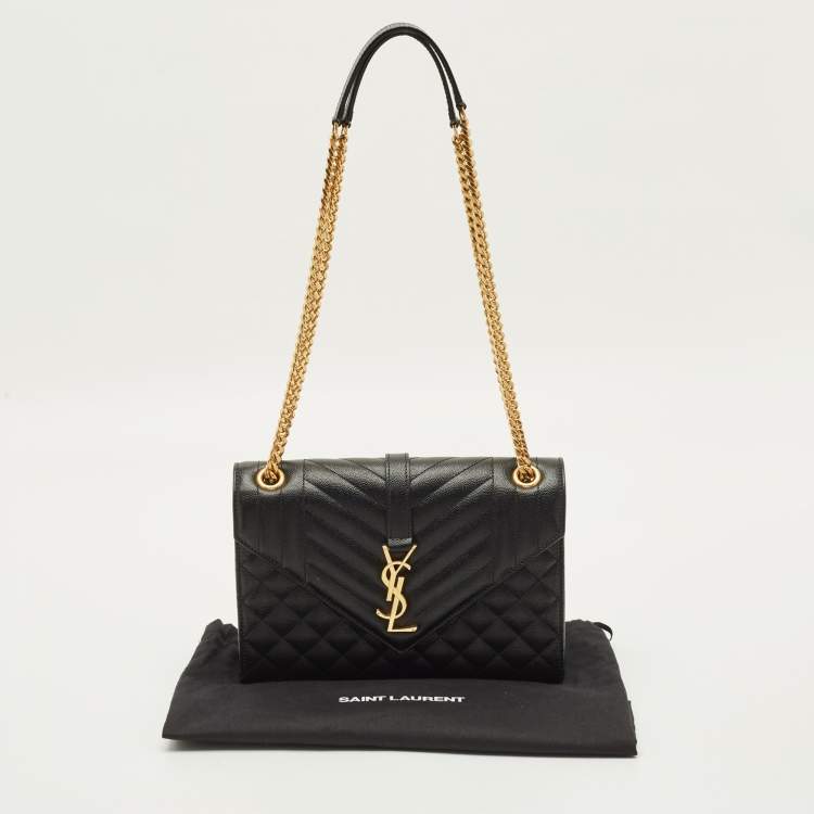 Pre Owned Saint Laurent Envelope Medium Black Mix Matelassé Leather Chain Bag