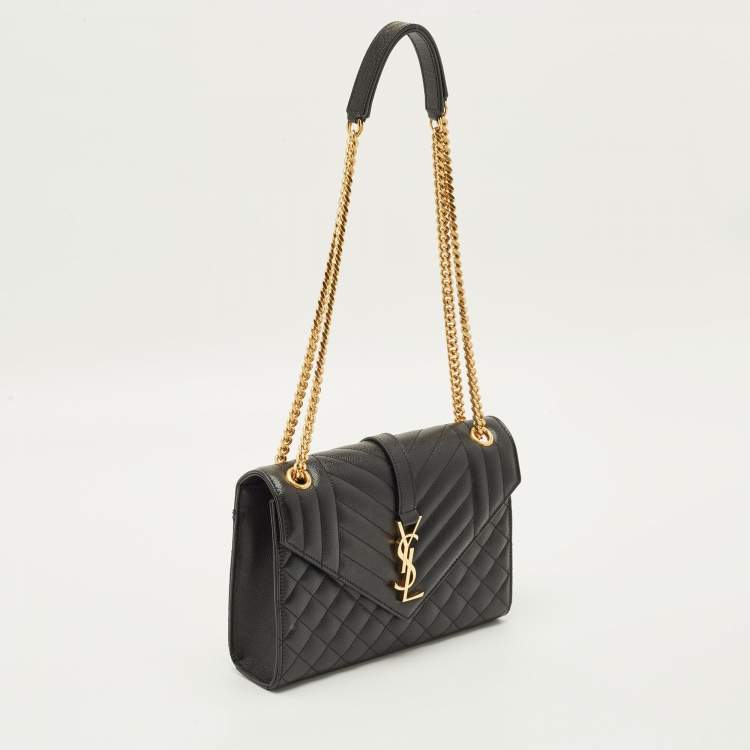 Pre Owned Saint Laurent Envelope Medium Black Mix Matelassé Leather Chain Bag